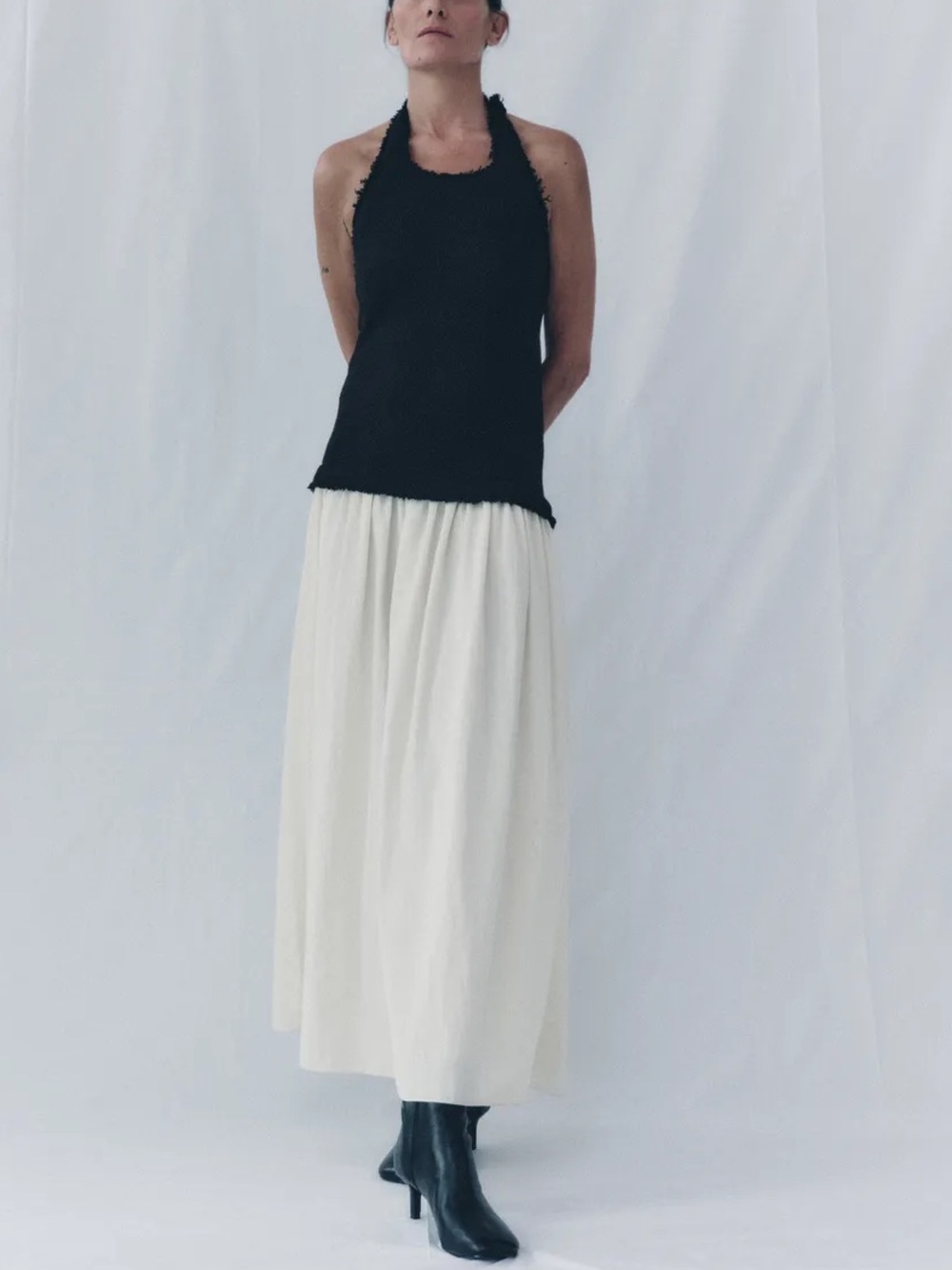 Zara ZW Collection Black Ivory Contrast Halter Maxi Dress Size L NWOT